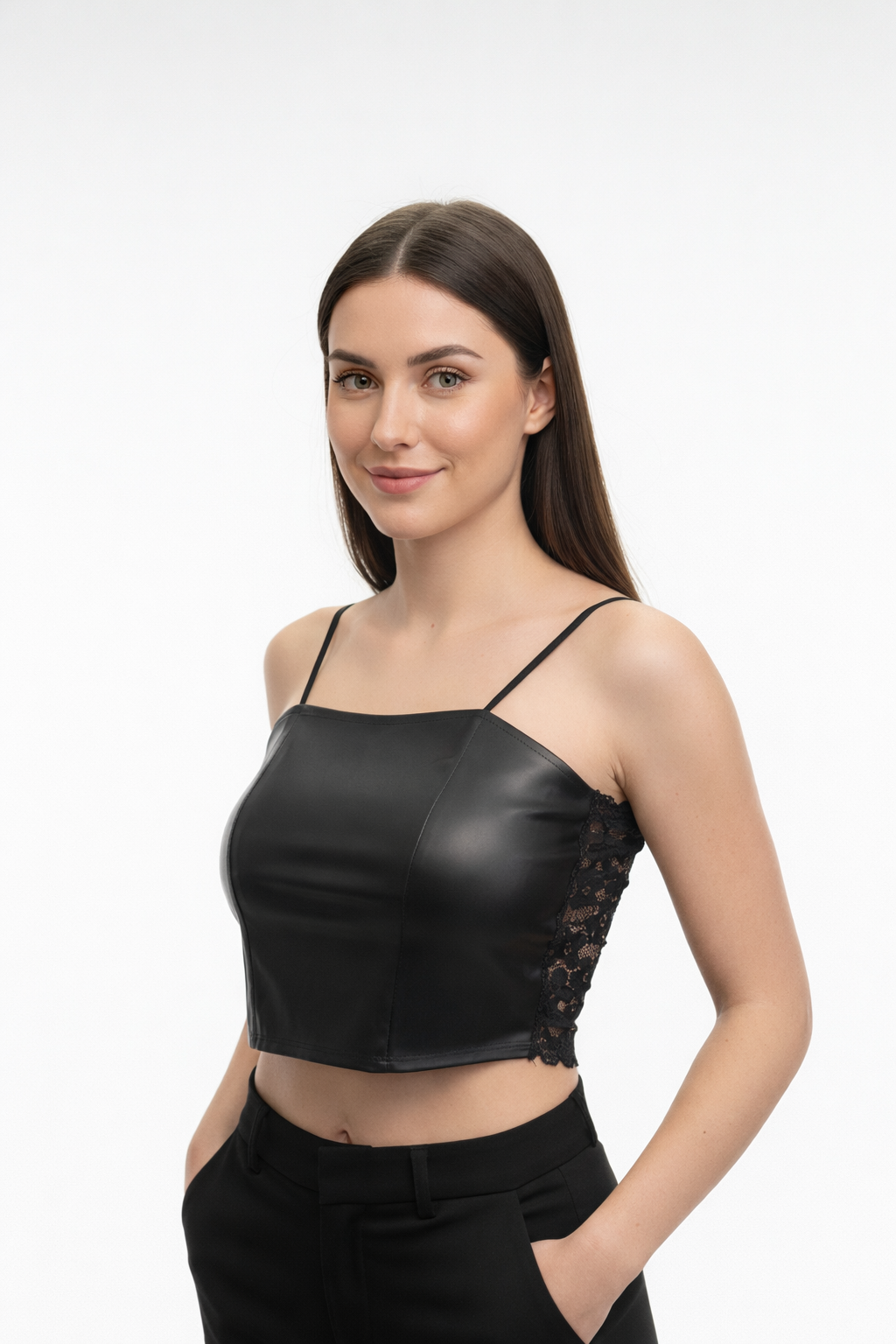 Buy 1 Get 1 Free Combo Offer Women’s Black Leather Crop Top with Spaghetti Straps