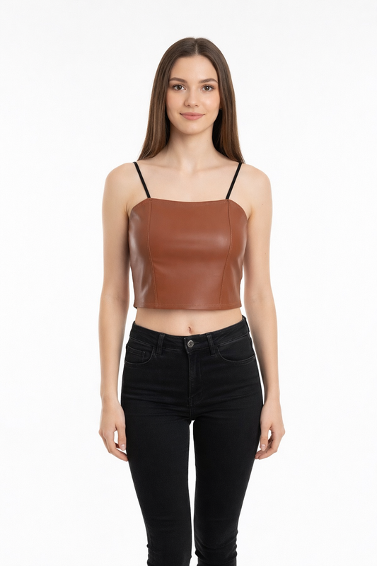 Women’s Brown Leather Crop Top with Spaghetti Straps