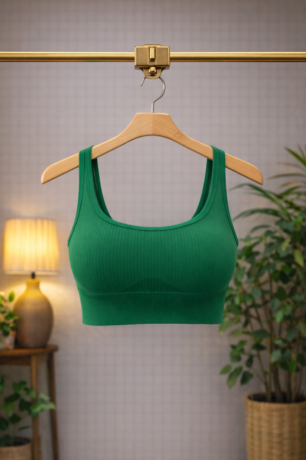 Women’s Ribbed Green Bralette – Seamless Comfort Bra with Scoop Neck