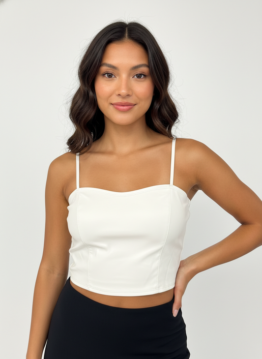 Women’s White Leather Crop Top with Spaghetti Straps