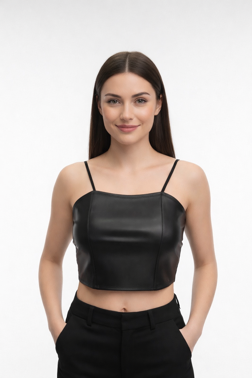 Buy 1 Get 1 Free Combo Offer Women’s Black Leather Crop Top with Spaghetti Straps