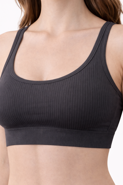 Women’s Ribbed Charcoal Bralette – Seamless Comfort Bra with Scoop Neck
