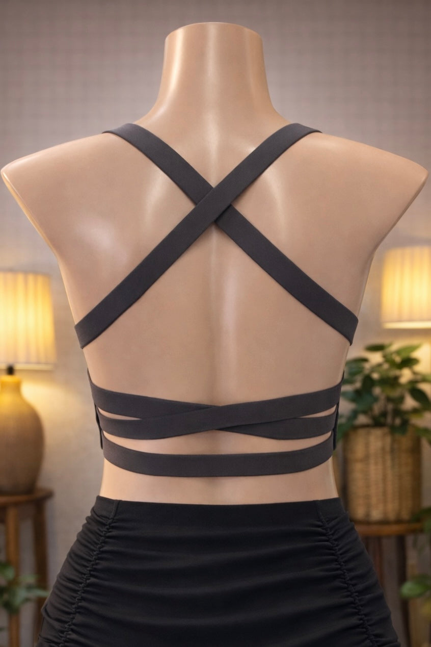 Women’s Ribbed Charcoal Bralette – Seamless Comfort Bra with Scoop Neck