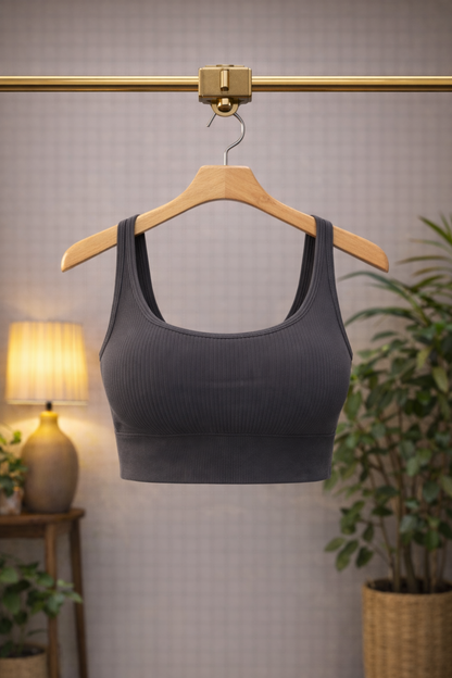 Women’s Ribbed Charcoal Bralette – Seamless Comfort Bra with Scoop Neck