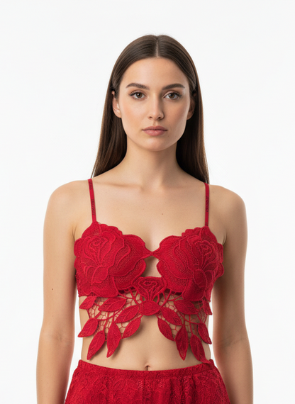 Red Floral Lace Bralette Crop Top – Elegant & Bold