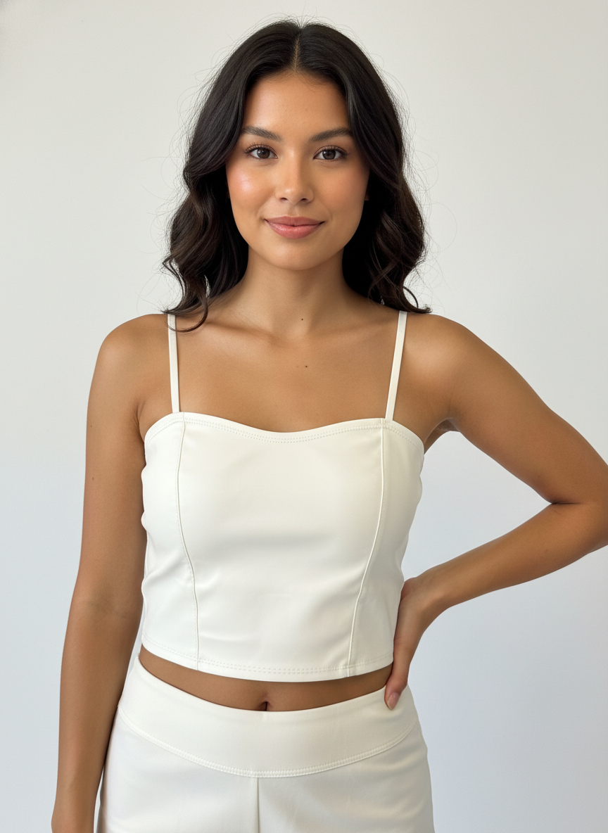 Women’s White Leather Crop Top with Spaghetti Straps