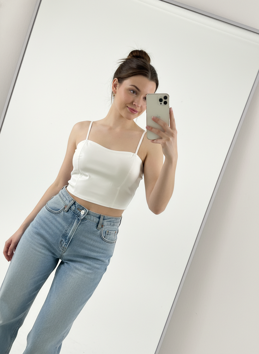 Women’s White Leather Crop Top with Spaghetti Straps