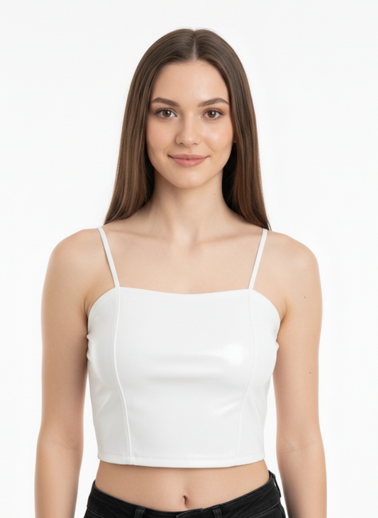 Women’s White Leather Crop Top with Spaghetti Straps
