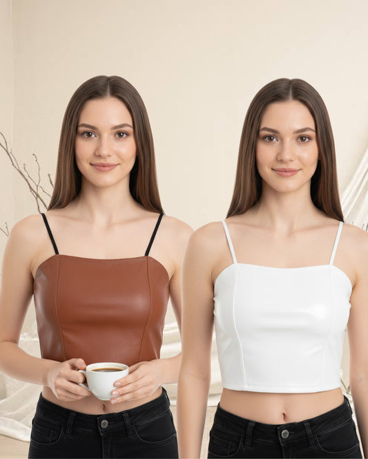 Buy 1 Get 1 Free Combo Offer Leather Crop Top Combo – Brown & White | Essential Faux Leather Crop Tops