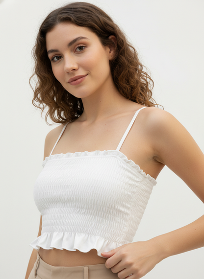 Buy 1 Get 1 Free Combo Offer Women’s Soft Smocked Crop Top Duo (Pink & White) – Elegant Sleeveless Combo