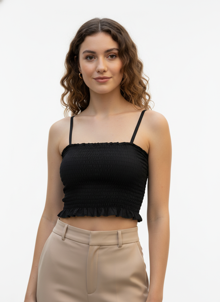 Buy 1 Get 1 Free Combo Offer Graceful Smocked Crop Top Duo for Women (White & Black) – Sleeveless Elegance