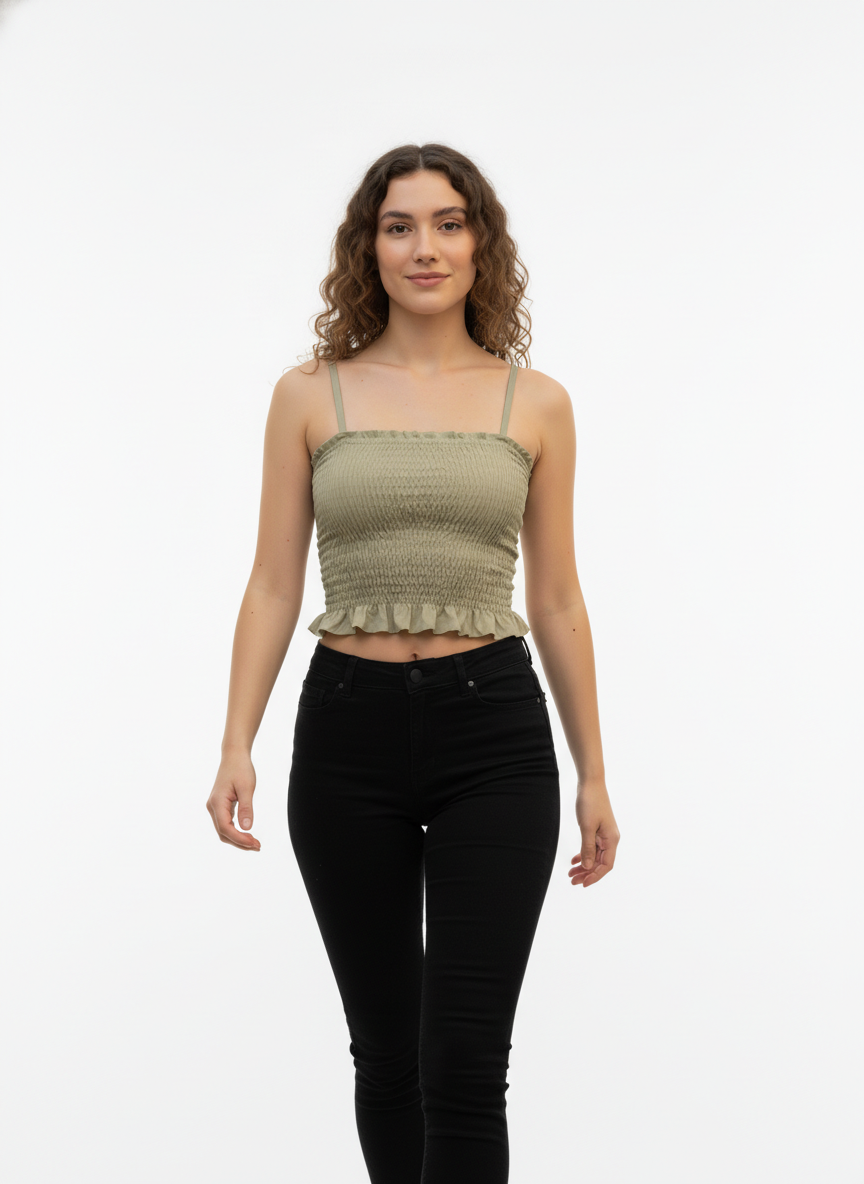 Buy 1 Get 1 Free Combo Offer Serene Fit Smocked Crop Top Duo for Women (Olive Green & White) – Effortless Everyday Elegance