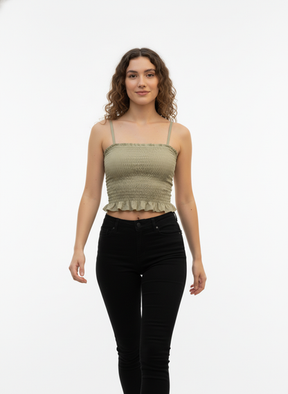 Buy 1 Get 1 Free Combo Offer Serene Fit Smocked Crop Top Duo for Women (Olive Green & White) – Effortless Everyday Elegance