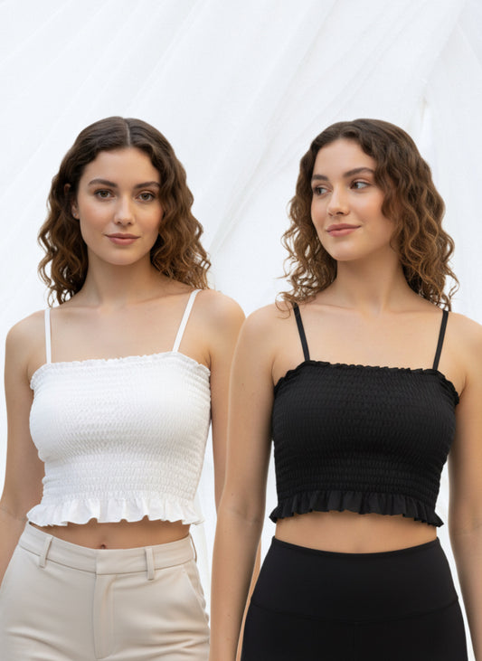 Buy 1 Get 1 Free Combo Offer Graceful Smocked Crop Top Duo for Women (White & Black) – Sleeveless Elegance