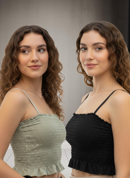 Buy 1 Get 1 Free Combo Offer Modern Smocked Crop Top Combo for Women – Green & Black