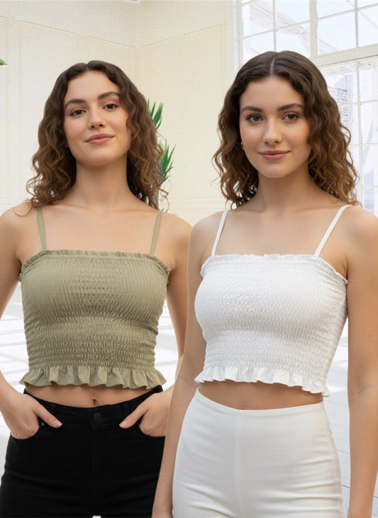 Buy 1 Get 1 Free Combo Offer Serene Fit Smocked Crop Top Duo for Women (Olive Green & White) – Effortless Everyday Elegance