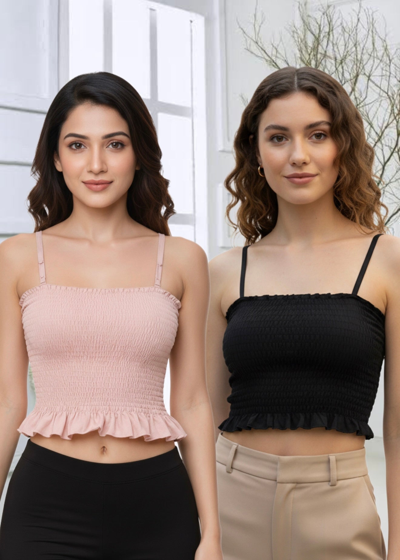 Buy 1 Get 1 Free Combo Offer Everyday Chic Smocked Sleeveless Crop Top Combo for Women – Pink & Black