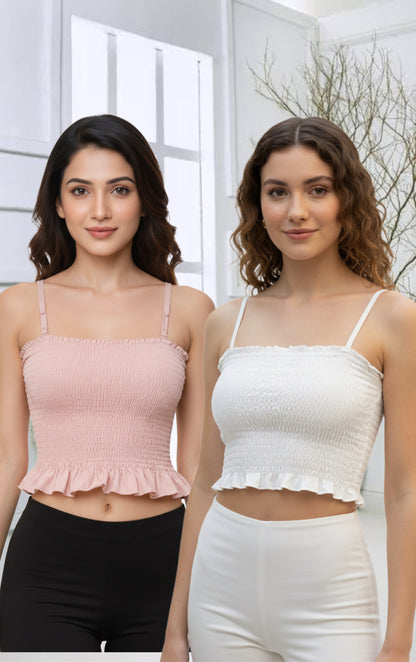 Buy 1 Get 1 Free Combo Offer Women’s Soft Smocked Crop Top Duo (Pink & White) – Elegant Sleeveless Combo