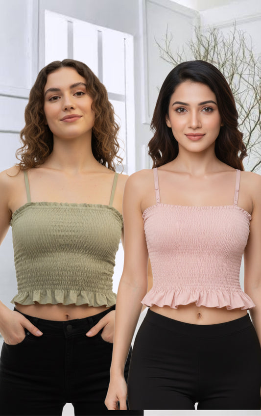 Buy 1 Get 1 Free Combo Offer Smocked Crop Top Duo for Women (Olive Green & Blush Pink) – Style with Elegance