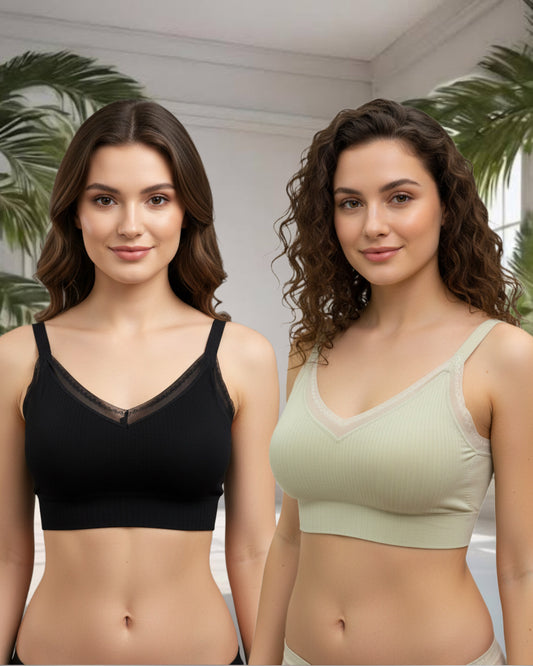 Buy 1 Get 1 Free Seamless Ribbed Padded Bralette Combo (Black & Sage Green) – Wire-Free Everyday Comfort