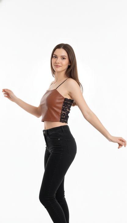 Buy 1 Get 1 Free Combo Offer Leather Crop Top Combo – Brown & White | Essential Faux Leather Crop Tops
