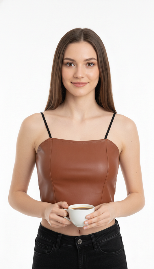 Women’s Brown Leather Crop Top with Spaghetti Straps