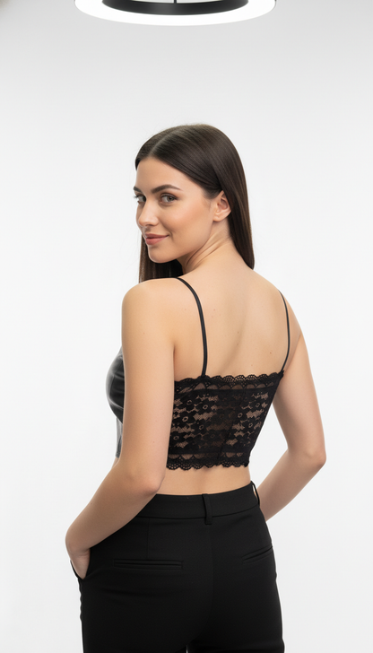 Buy 1 Get 1 Free Combo Offer Women’s Black Leather Crop Top with Spaghetti Straps
